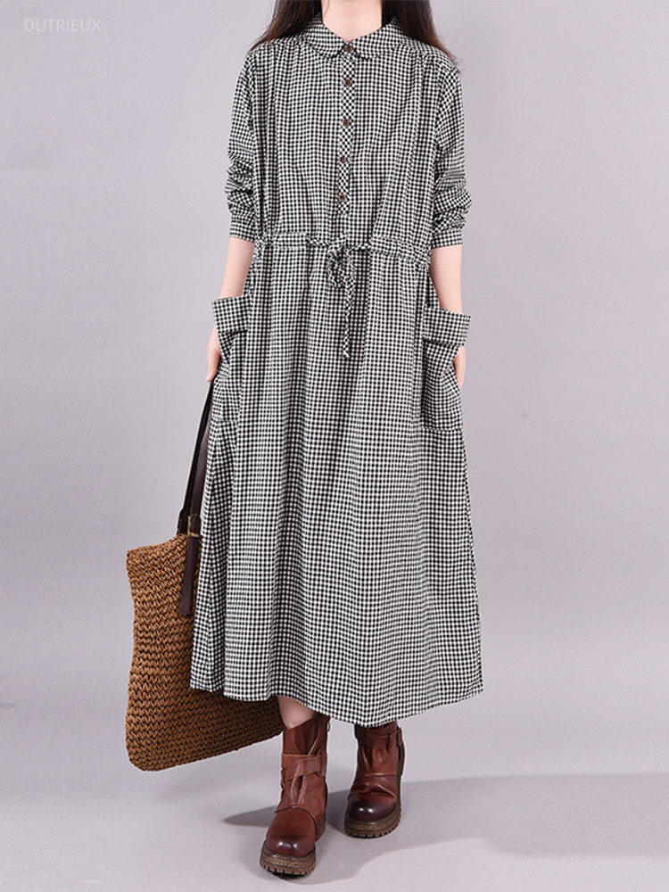 Winter Clothing Drawing - Fashion Vintage Dress Plaid Draw String